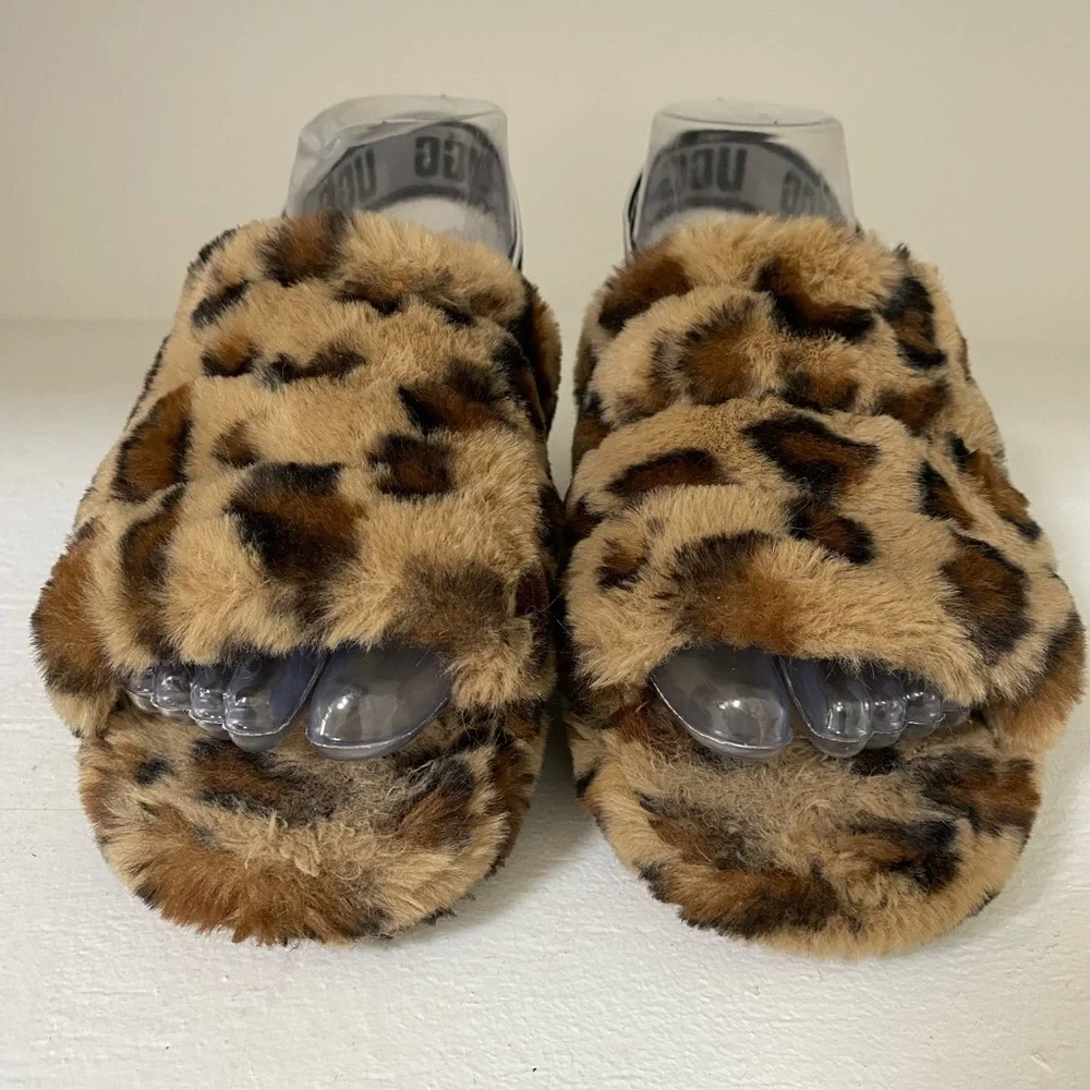 UGG Tan and Black Fuzzy Animal Print Slippers